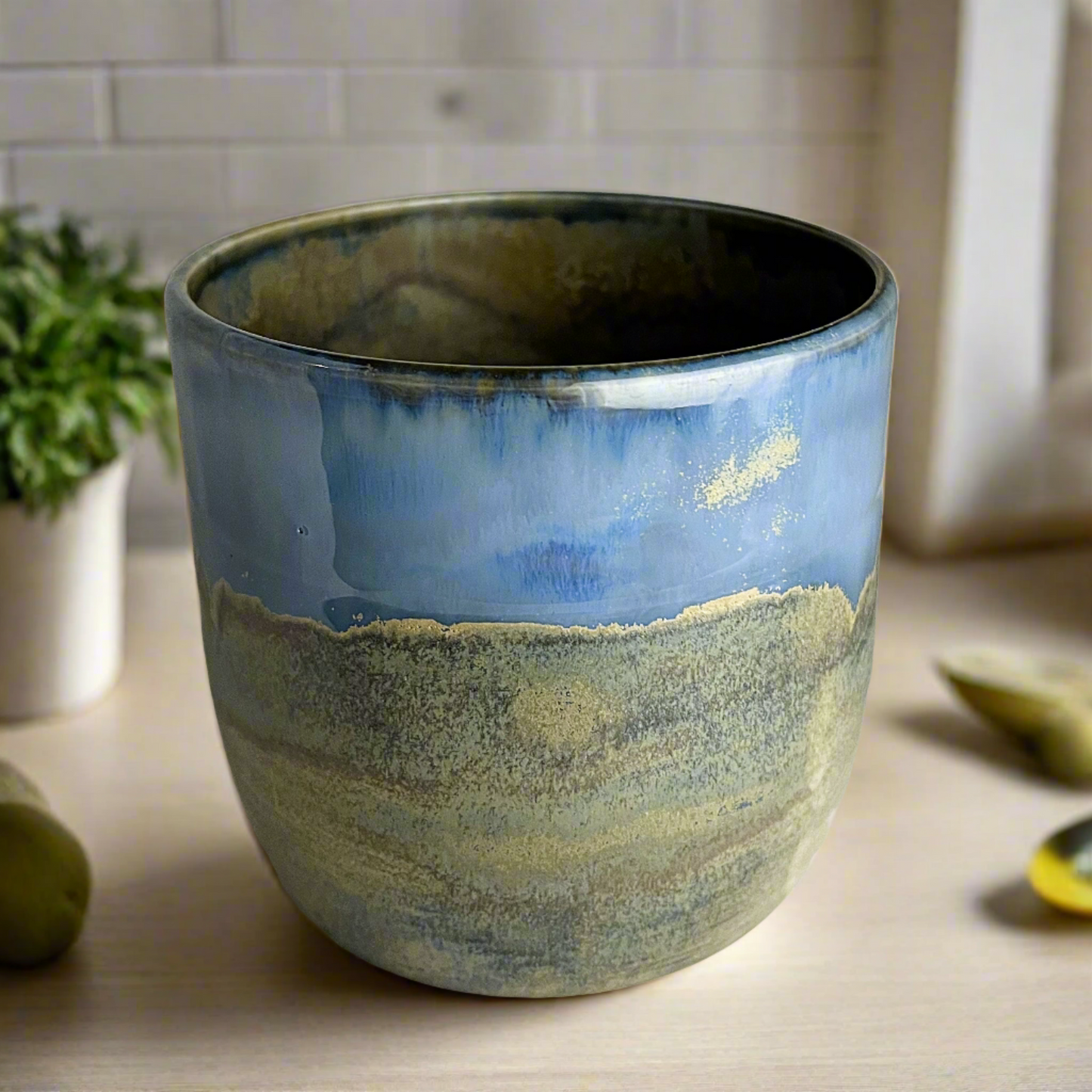 Blue Green Ripple Pottery Utensil Crock