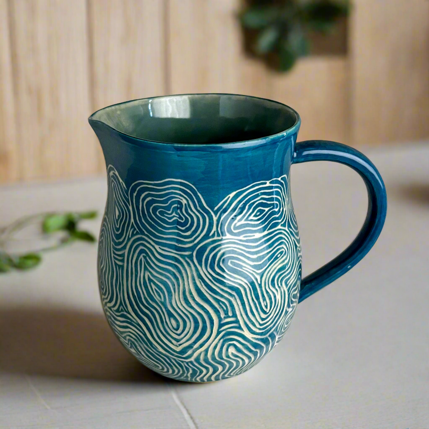 Sgraffito Blue Groove Ceramic Pitcher