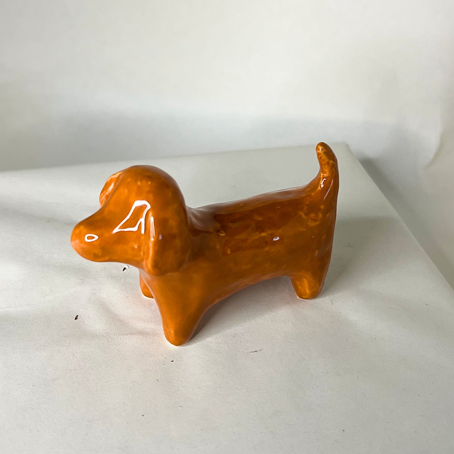 Mini Pottery Dog Figurine, Caramel tan colored daschund