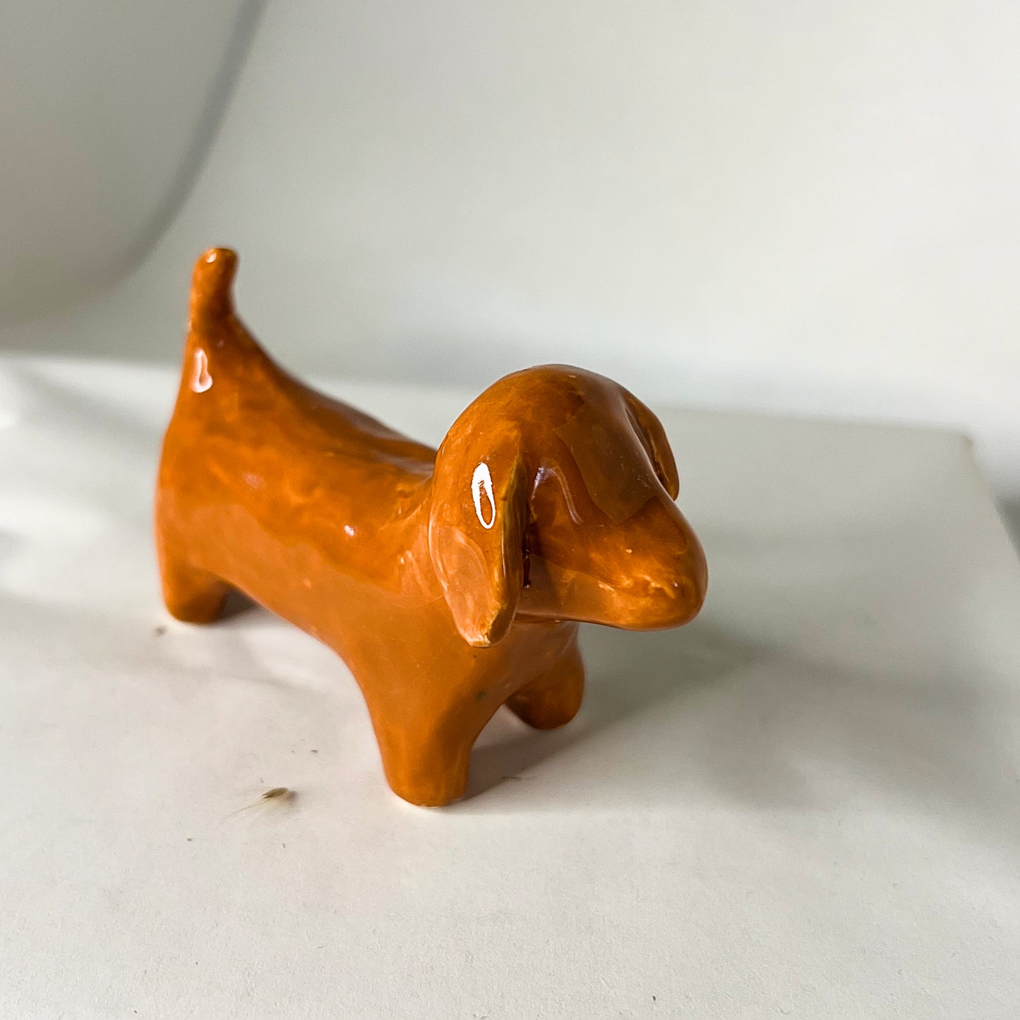 Mini Pottery Dog Figurine, Caramel tan colored daschund