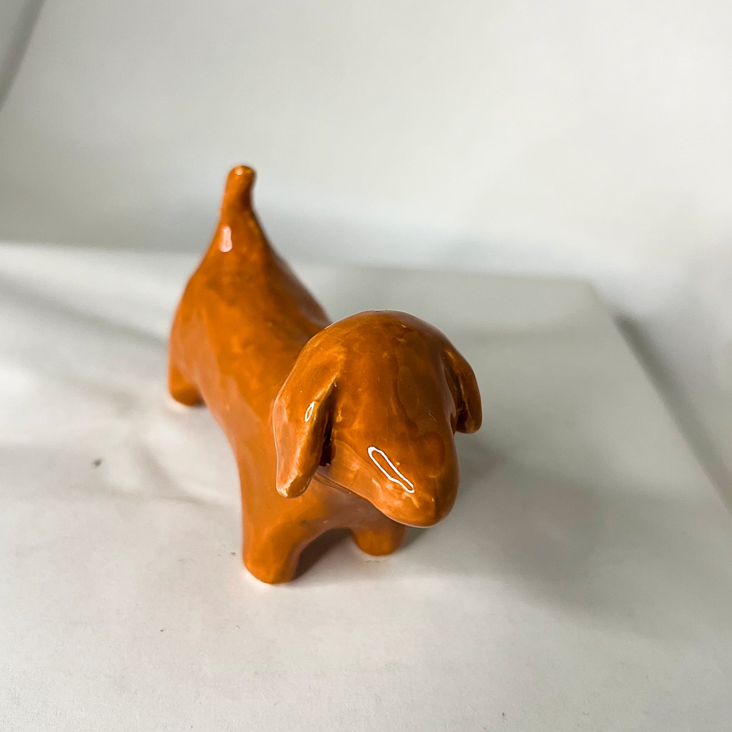 Mini Pottery Dog Figurine, Caramel tan colored daschund