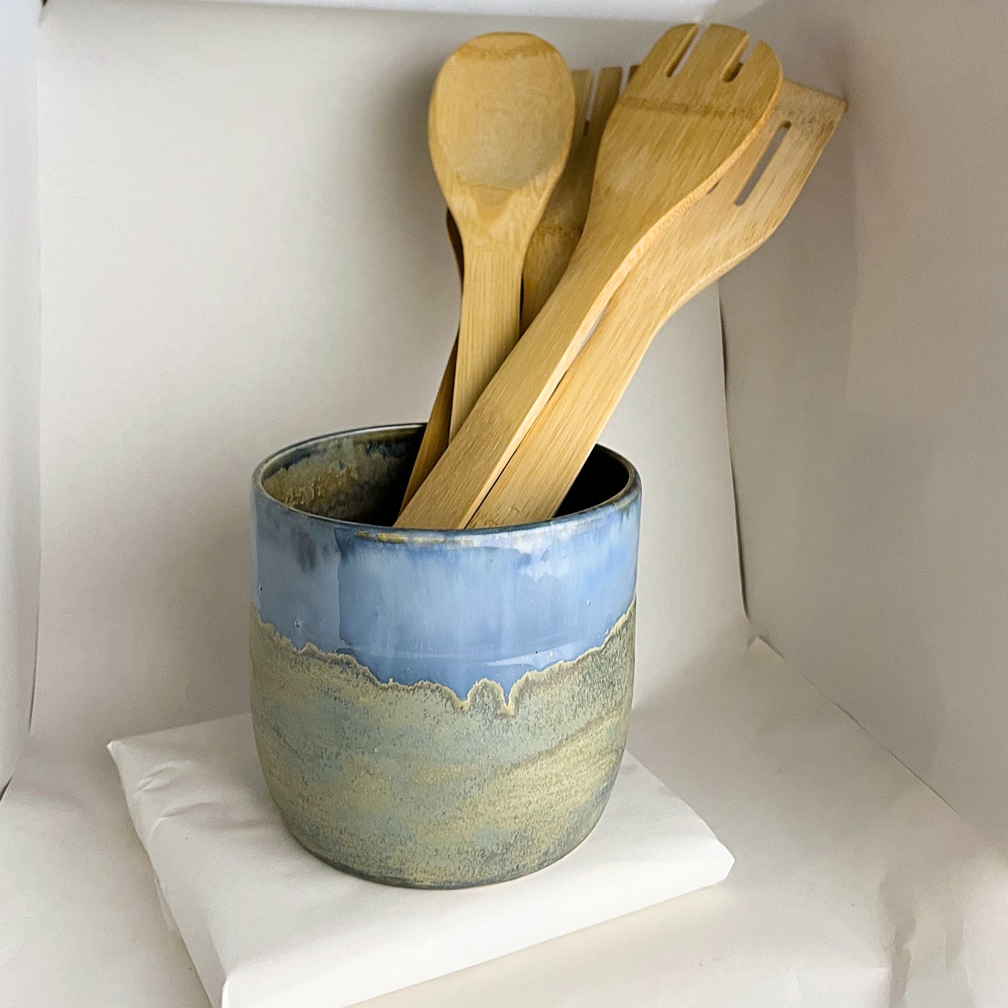 Blue Green Ripple Pottery Utensil Crock