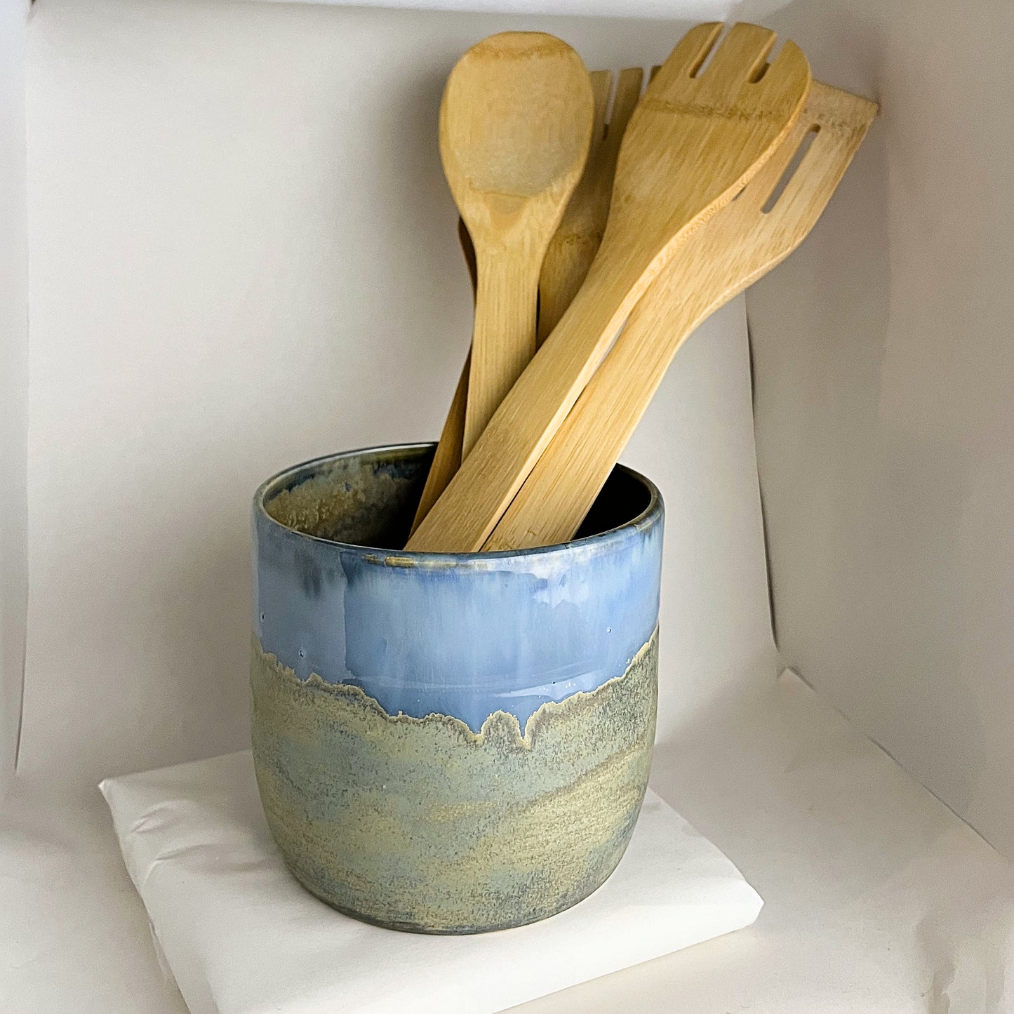 Blue Green Ripple Pottery Utensil Crock