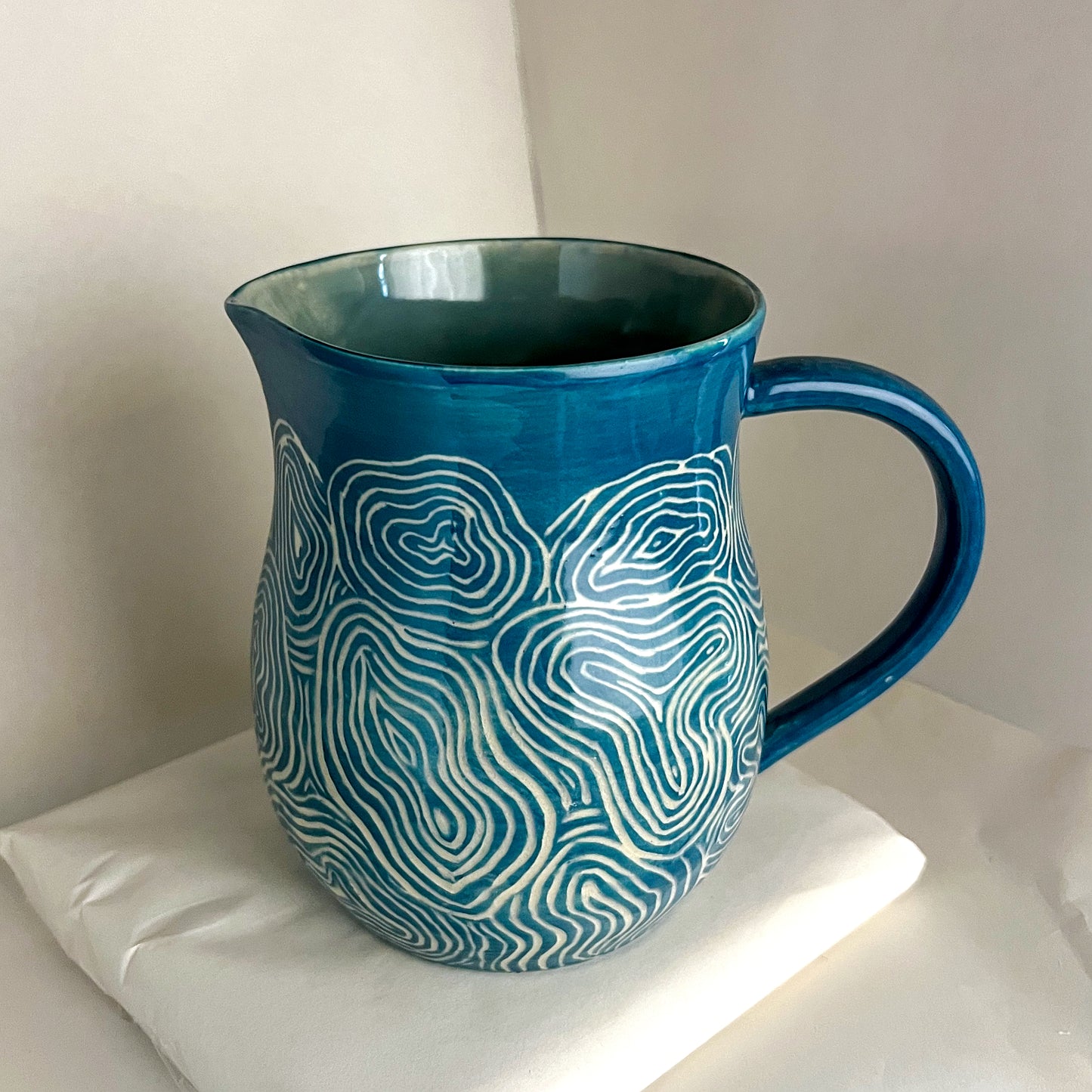 Sgraffito Blue Groove Ceramic Pitcher