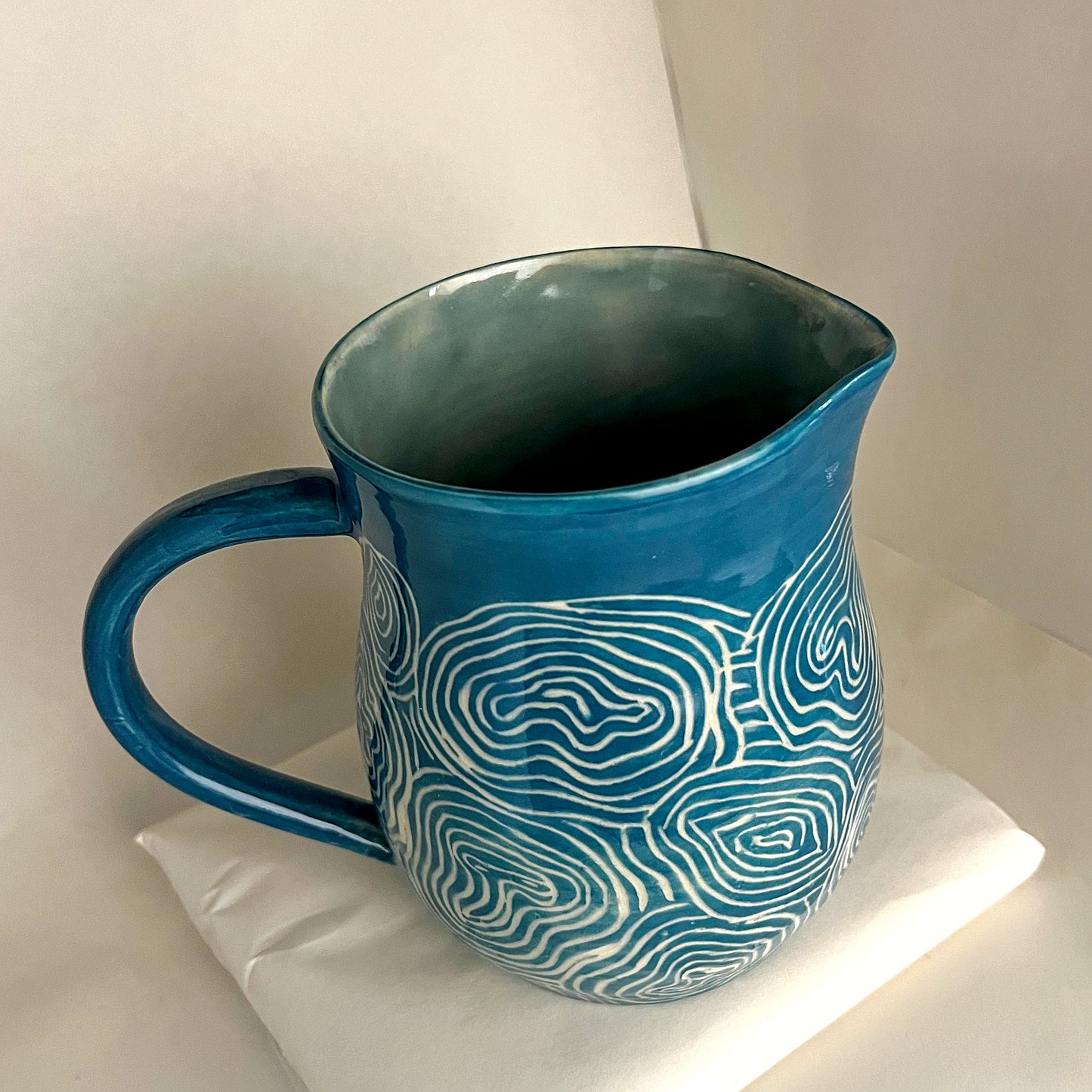 Sgraffito Blue Groove Ceramic Pitcher