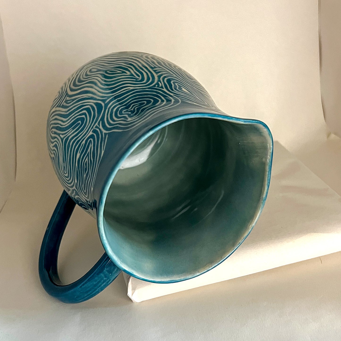 Sgraffito Blue Groove Ceramic Pitcher