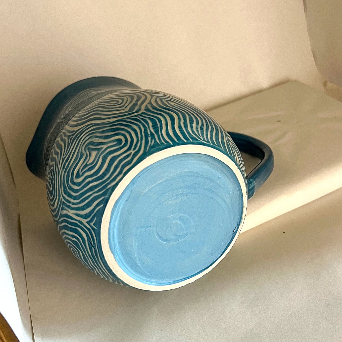 Sgraffito Blue Groove Ceramic Pitcher